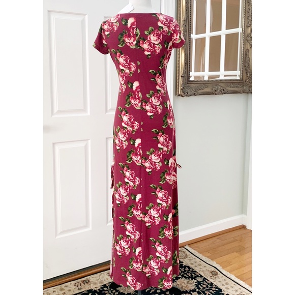 Maxi Dress Red Floral Print Short Sleeve - Picture 3 of 8